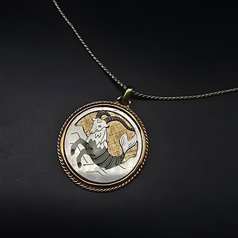 Avon Capricorn Zodiac Pendant Necklace Two Tone Vintage Costume Jewelry